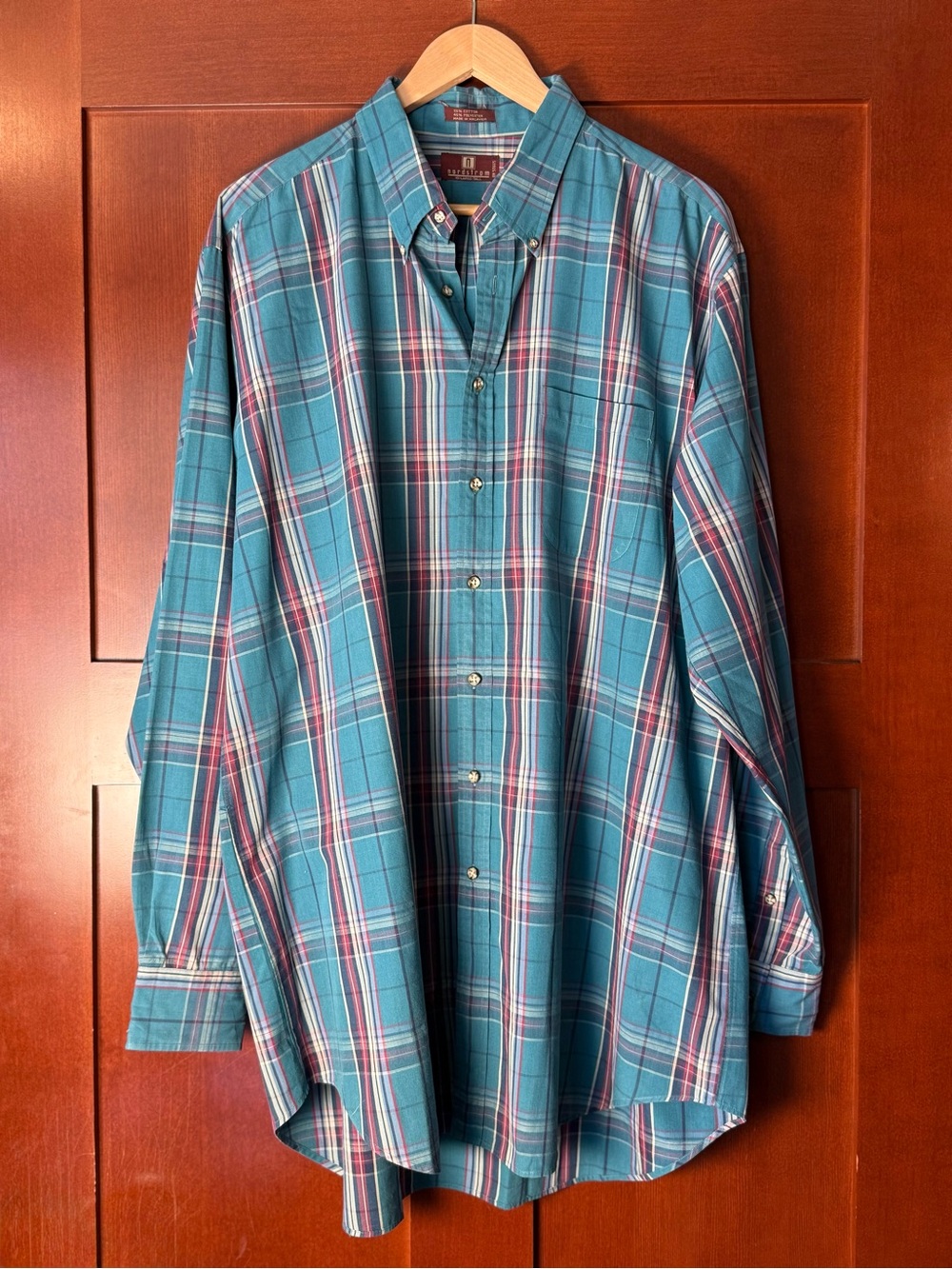 Nordstrom Vintage Plaid Button Down Shirt Men’s XXL Tall Teal Cotton Blend